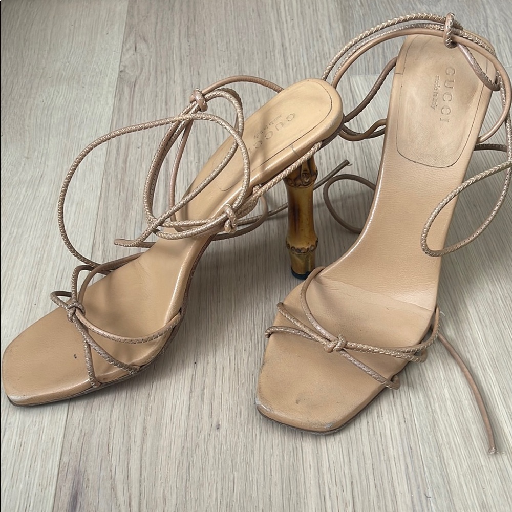 Tom Ford era Gucci Tan Bamboo Heels Strappy Sandals